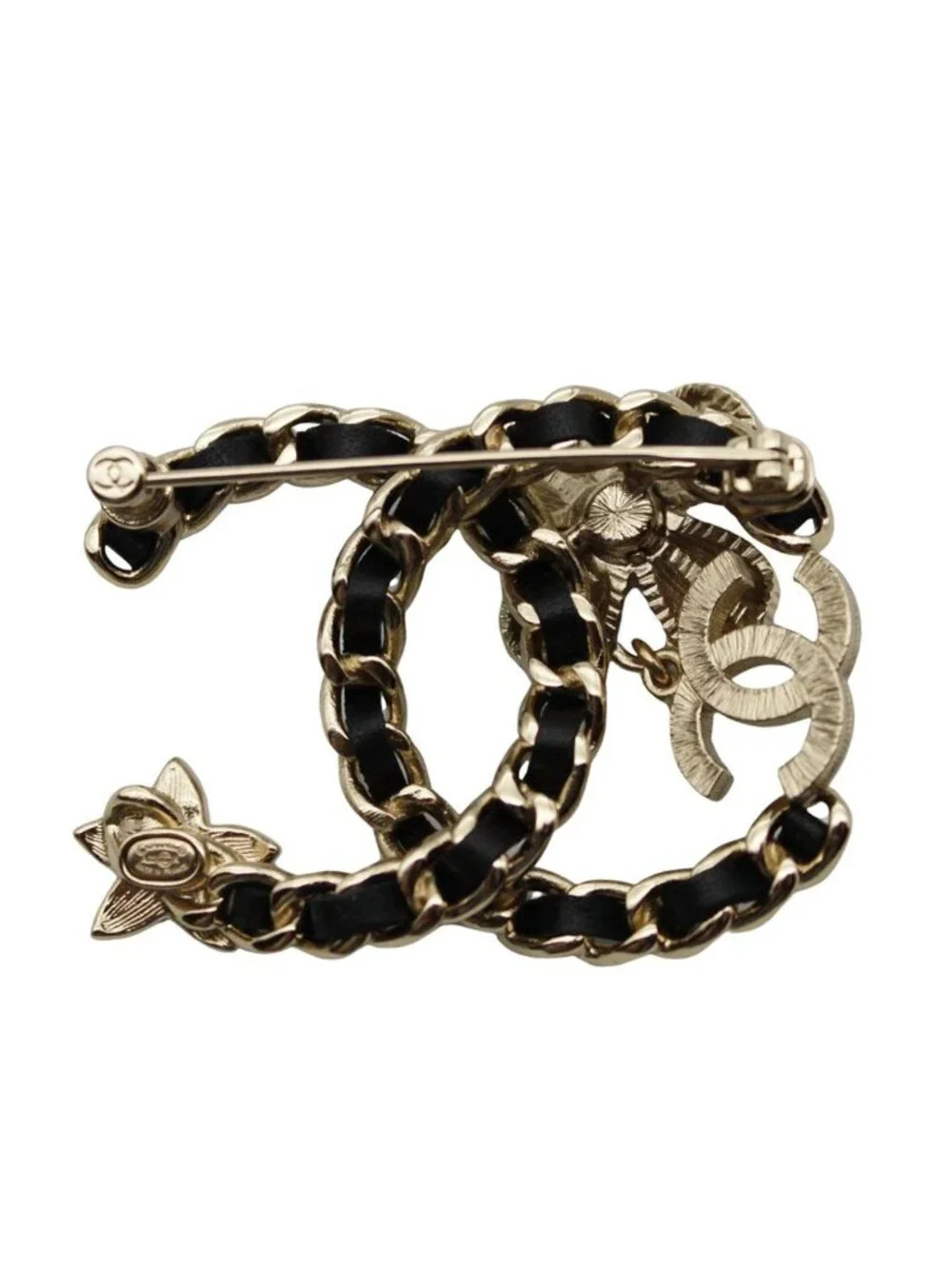 Chanel Brooch Metal Rhinestone CC Logo Black Gold Pearl Flower